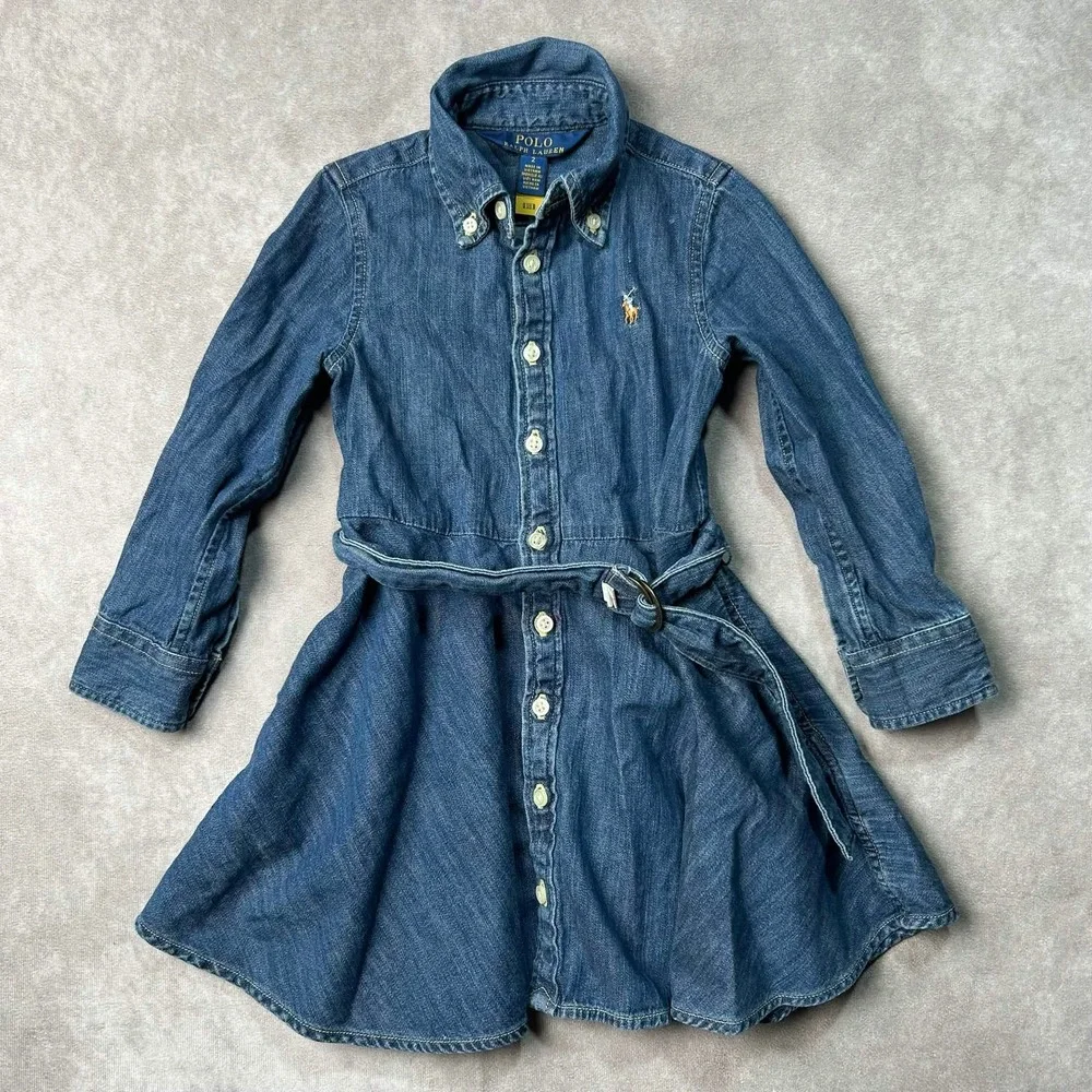 Polo Ralph Lauren Girls Belted Denim Shirtdress Sz 2 Blue Button Down Flesh Pony
